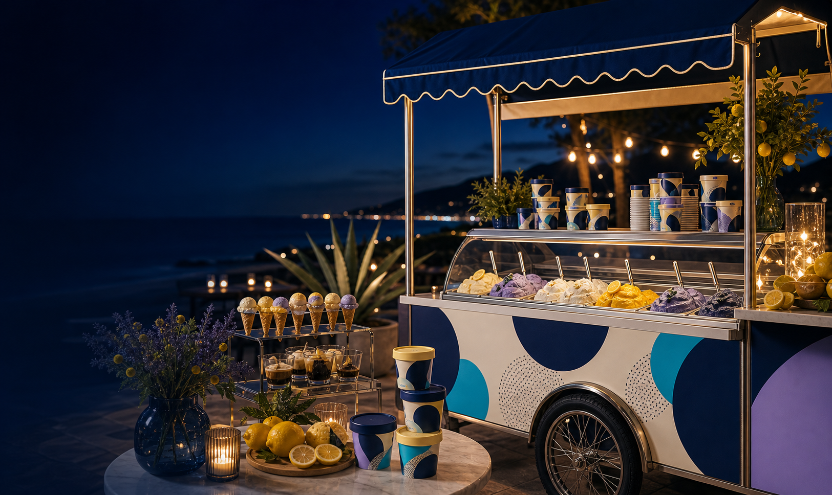Dolce District gelato cart at a twilight coastal event
