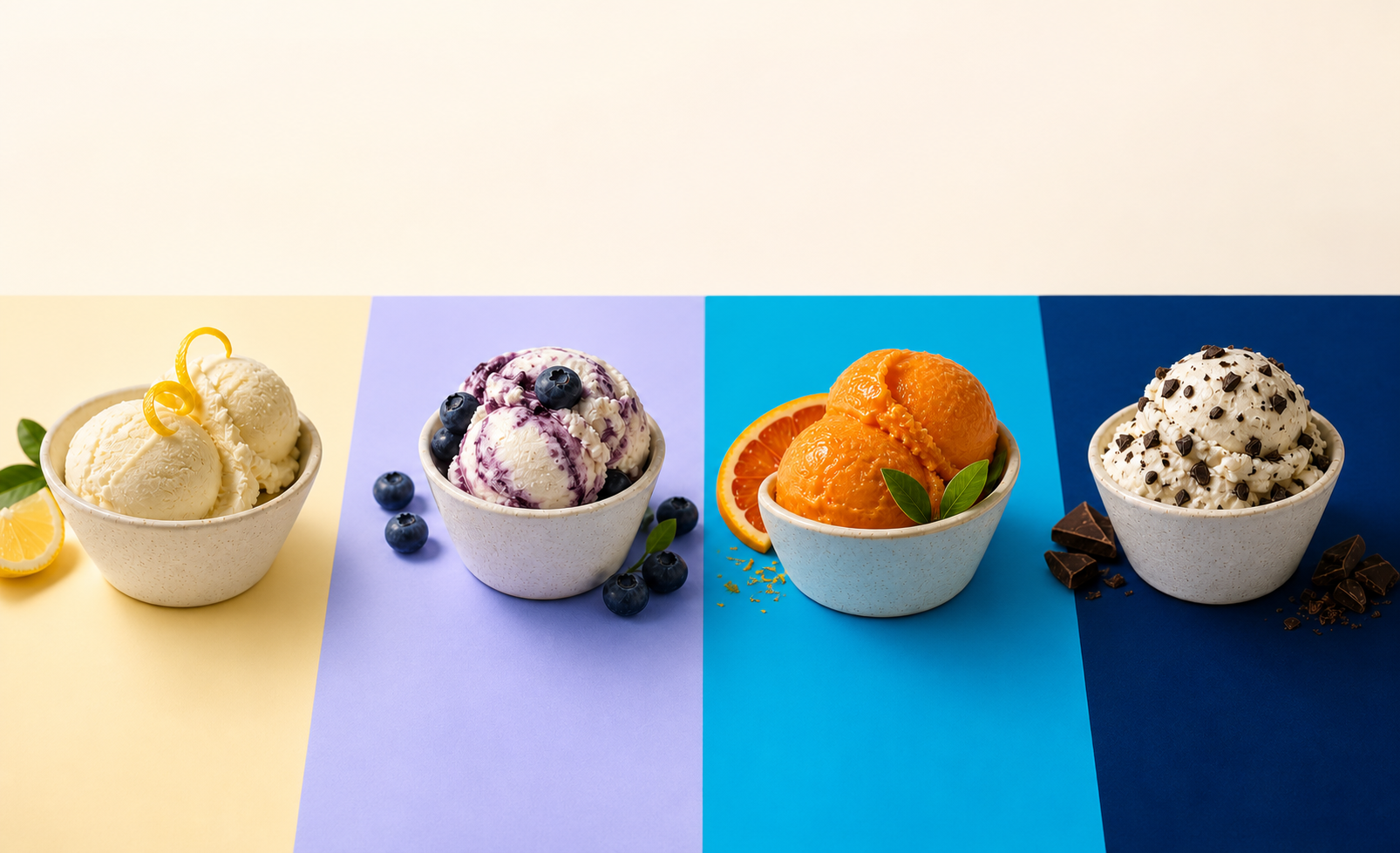 Four Dolce District gelato bowls: lemon, blueberry, citrus, and stracciatella