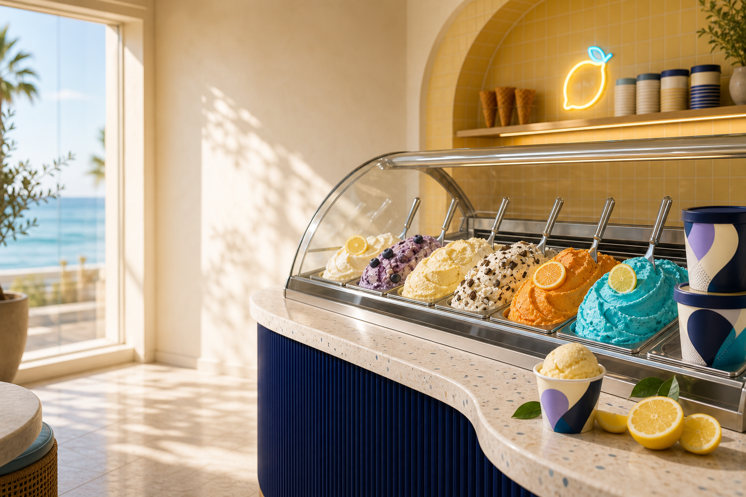 Sunlit Dolce District gelato counter