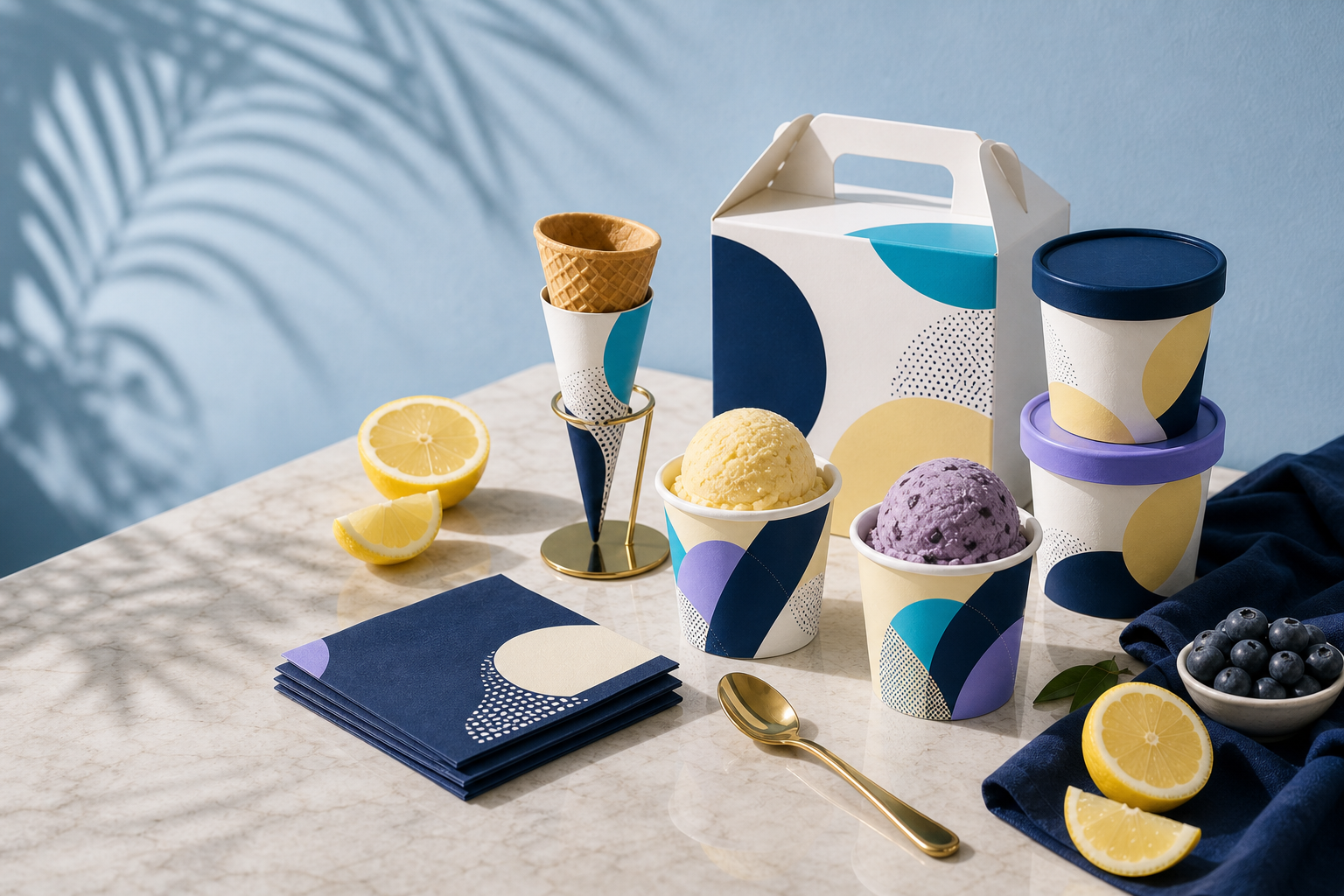 Dolce District pints, tasting box, cups, cone, and packaging
