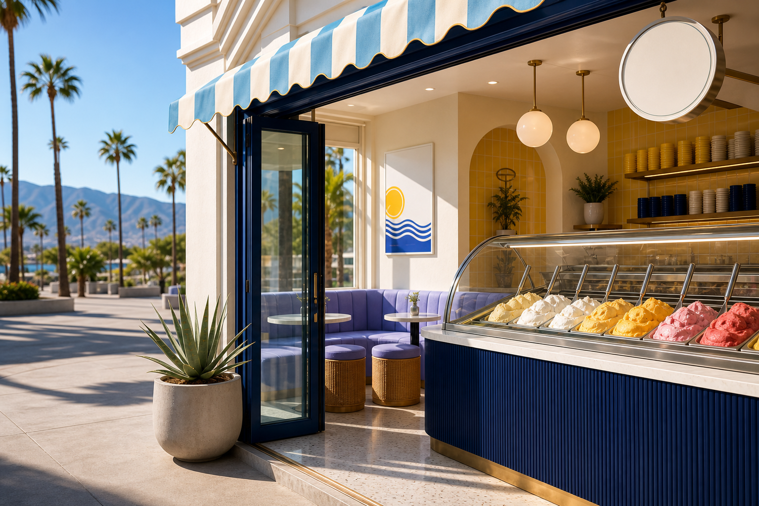 The sunlit Dolce District counter, churned by hand each morning
