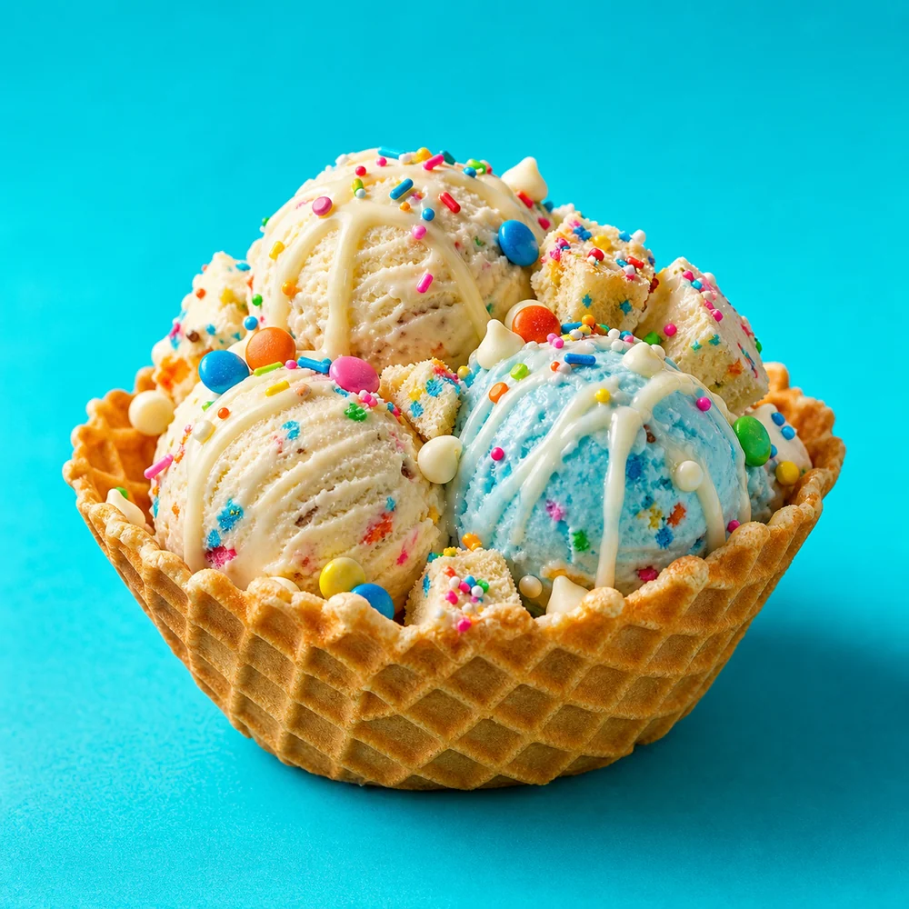 Birthday-cake gelato in a waffle bowl with colorful cake bites, candy pieces, and vanilla glaze