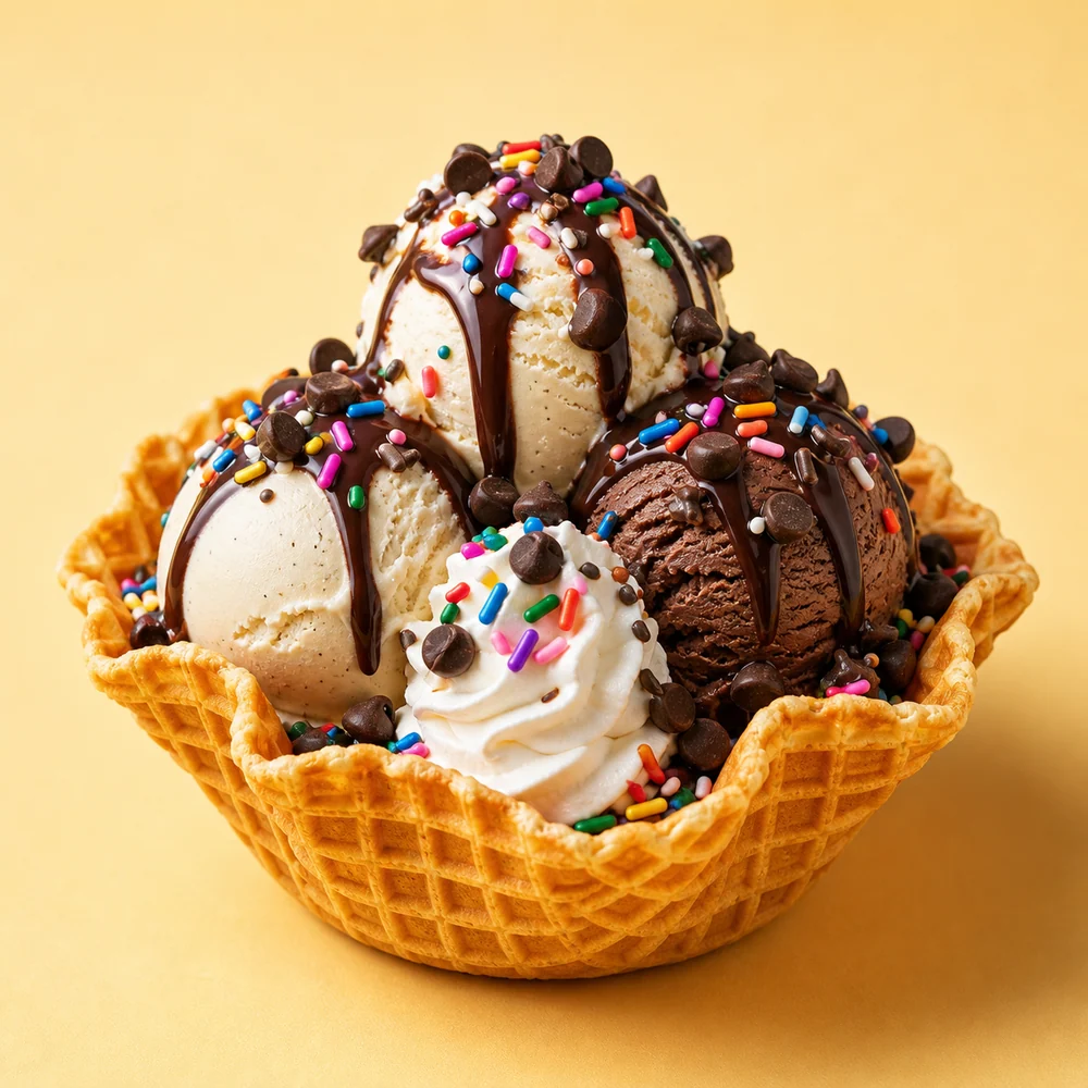 Vanilla and chocolate gelato in a waffle bowl with fudge, chocolate chips, sprinkles, and whipped cream