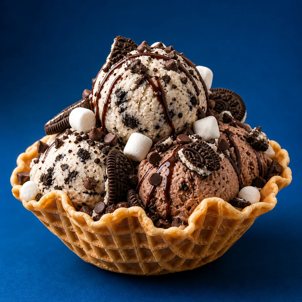 Cookies-and-cream and chocolate gelato in a waffle bowl with cookies, marshmallows, chips, and fudge