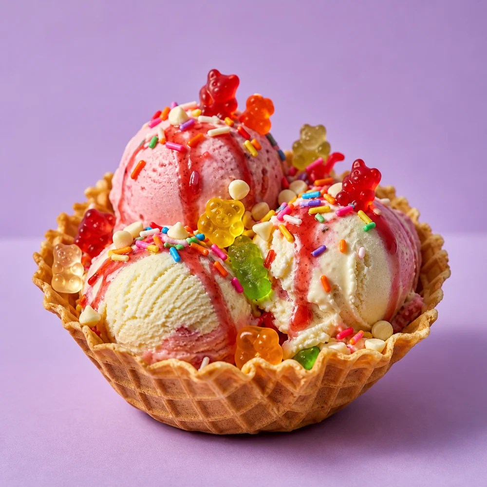 Strawberry and vanilla gelato in a waffle bowl with gummy bears, berry sauce, and sprinkles